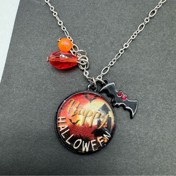 Halloween Necklace 18 inches with Extender Black Silver Orange Costume Jewery - Picture 3 of 5